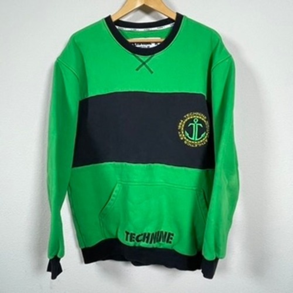 Technine Crewneck Sweatshirt Mens Medium Green Black Excellent Colorblock Anchor